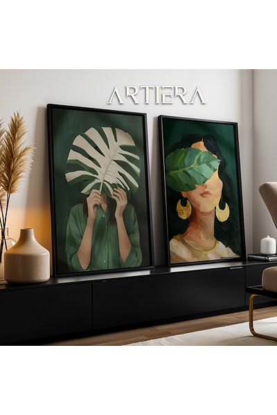 HİGUERA Figurine cu față închisă cu frunze verde smarald Pictură murală cu două rame din lemn natural