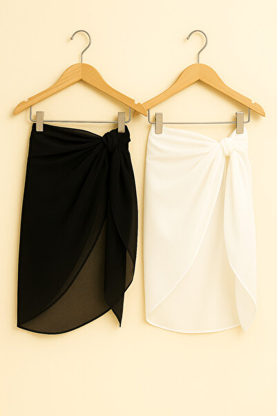 voops Set Pareo Plaja din 2 piese din sifon alb-negru 150x50