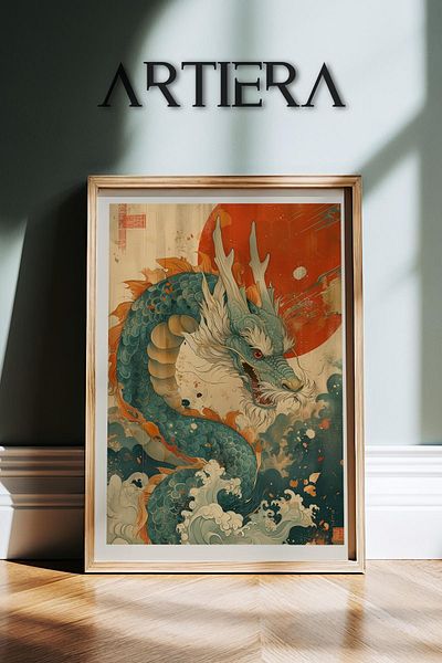 HİGUERA Ocean Dragon - Pictură de perete cu cadru din lemn natural de artă japoneză modernă