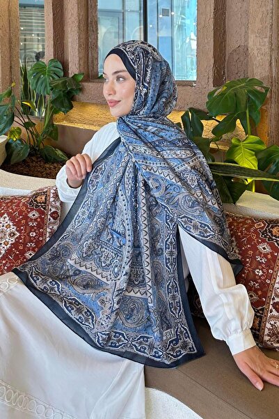 lamelif.com Retro Desen Pamuk Şal Lacivert