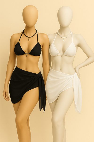 voops 2-Piece Beach Pareo Chiffon Black and White Set 150X50