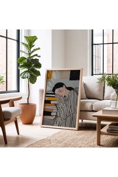 HİGUERA Abstract Drawing While Dreaming with Books Natural Wooden Framed Painting