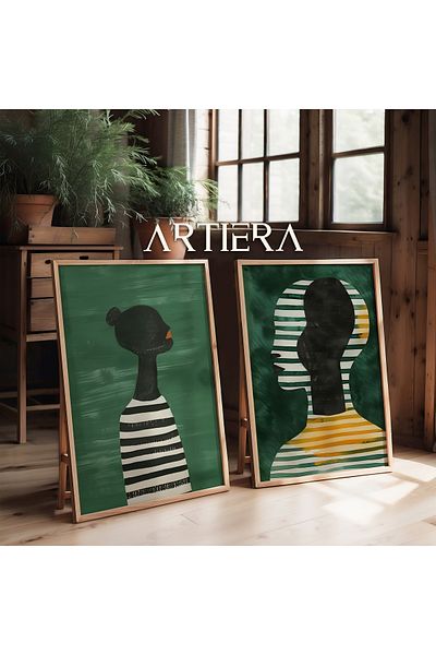 HİGUERA Siluete abstracte cu dungi verde smarald Pictură murală cu rame din lemn natural dublu