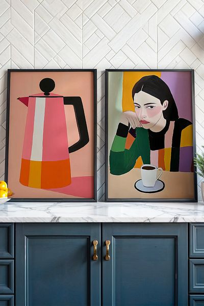 HİGUERA Ilustrație modernă de portret și oală de cafea KTB Pictură de perete de bucătărie cu rame din lemn natural