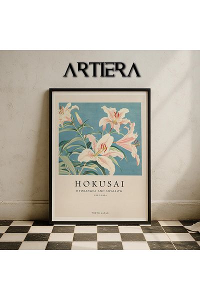 HİGUERA Hokusai Lily – Modern Japandi Art Blue Botanical Themed Wooden Framed Wall Painting