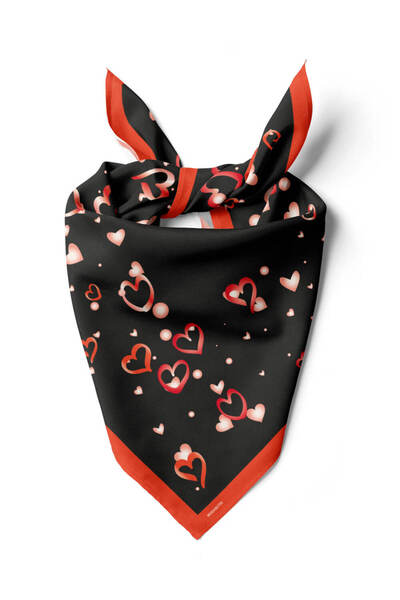 Modabutik V18 Kadın Kalp Desenli Bandana 50x50 Siyah Kırmızı Dg0450-22