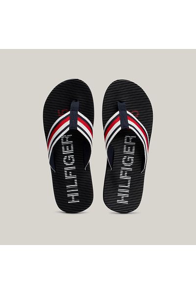 Tommy Hilfiger Men's Brand Logo Polyester Top Split Eva Rubber Outsole Signature Banded Flip Flop Navy Blue Sweat