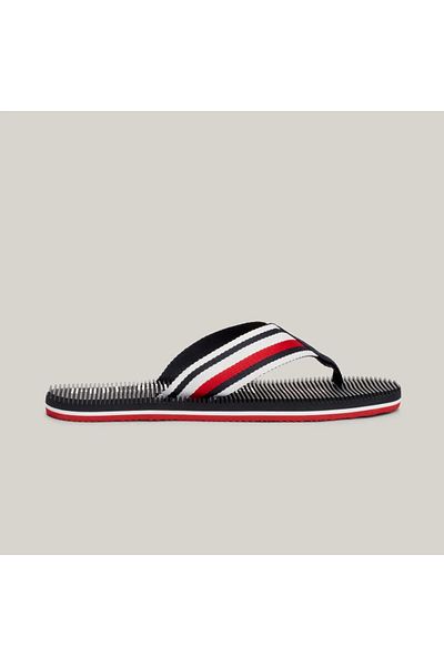 Tommy Hilfiger Men's Brand Logo Polyester Top Split Eva Rubber Outsole Signature Banded Flip Flop Navy Blue Sweat