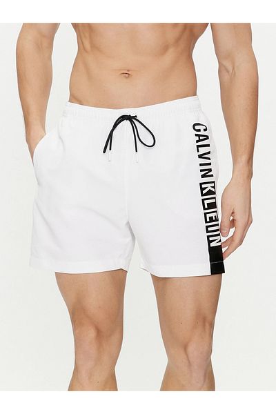 Calvin Klein Men's Brand Logo Quick-Drying Polyster White Swim Shorts Suitable for Beach and Sea Use KM0KM00