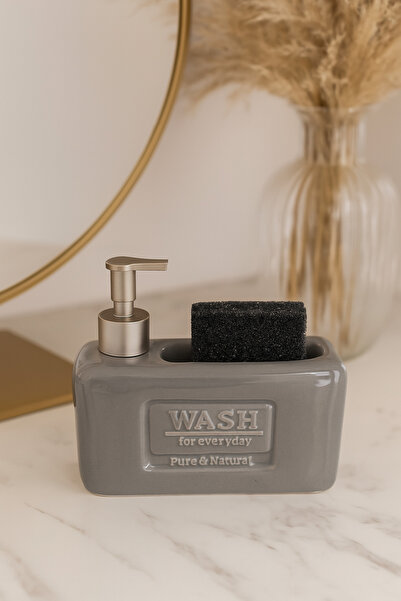 MAKRİ HOME Şık ve Fonksiyonel Seramik Süngerlikli Sıvı Sabunluk/Deterjanlık, Gri, 500 ml
