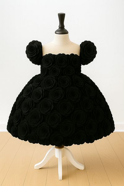 MUSGEM Special Design Rose Flower Detailed Black Color Girl's Evening Dress