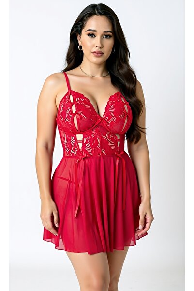 Sereluxe Şık Kırmızı Askılı Dantel İşlemeli Babydoll Gecelik