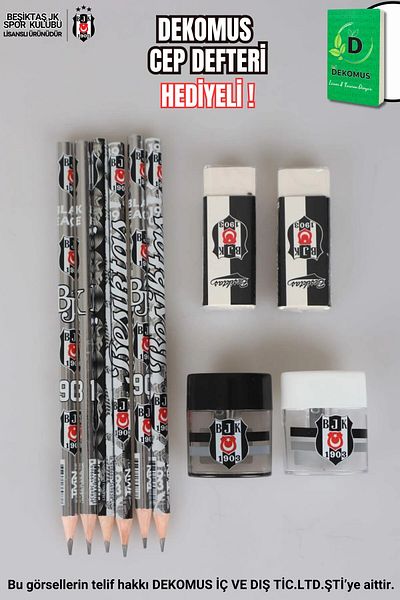 Beşiktaş "Dekomus Pocket Notebook Gift" Licensed 6 Pencils, 2 Erasers and 2 Pencil Cases