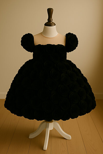 MUSGEM Özel Tasarım Gül Çiçek Detaylı Siyah Renk Kız Çocuk Abiye Elbise