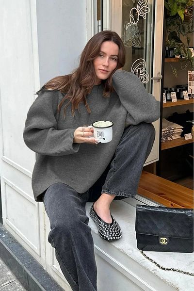 K-ODEA BUTİK Women's Smoked Oversize Knitwear Sweater - Soft Textured Crew Neck