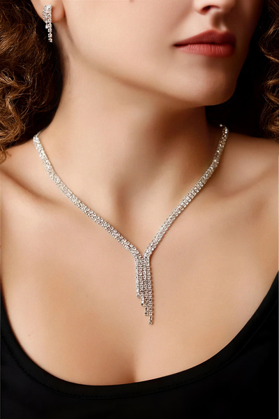 LUPHİRA Gümüş Kaplama Su Yolu Stonefans Kolye Küpe 2'li Set Düğün Nişan Davet