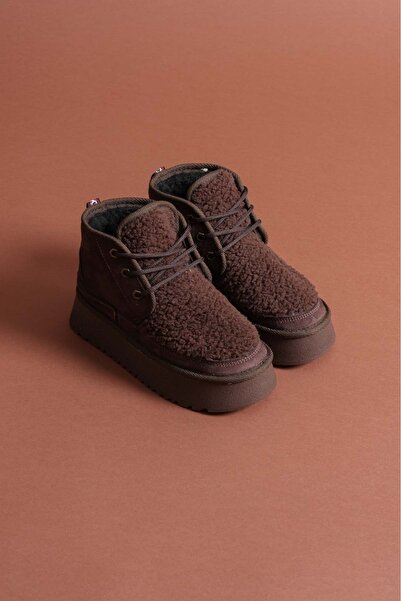 Esilapark Γυναικείες μπότες Teddy με χοντρή σόλα κρεμ γούνας αυθεντικές σουέτ μπότες