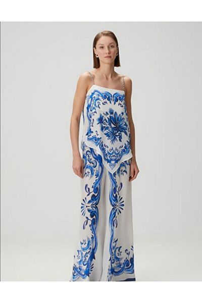 MODALOVİA "Aegean Motif Blue and White Double Summer Suit - Bohemian and Stylish Style"