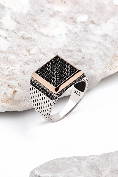Silverplus Gümüş Siyah Zirkon Taşlı Kare Model Erkek Yüzük