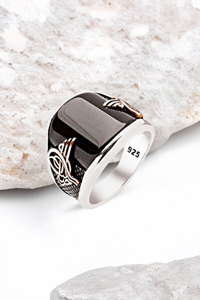 Silverplus Gümüş Özel Kesim Onix Taşlı Osmanlı Tuğralı Erkek Yüzük