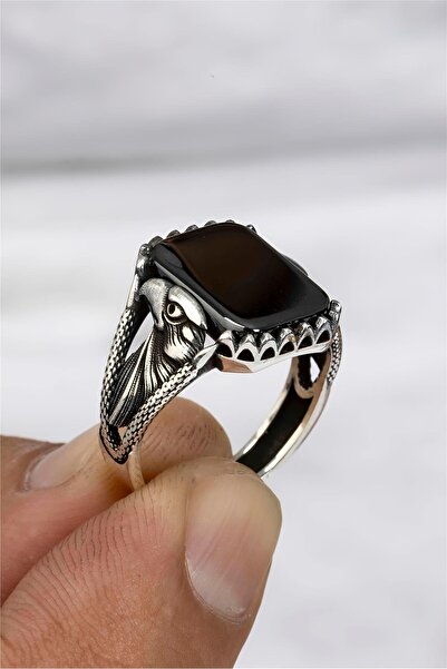 Silverplus Kartal Motifli Oniks Taşlı Gümüş Serçe Parmak Erkek Yüzük