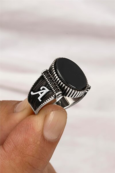 Silverplus Oniks Taşlı Çift Tarafı Harfli Mikro Süslemeli Gümüş Erkek Yüzük