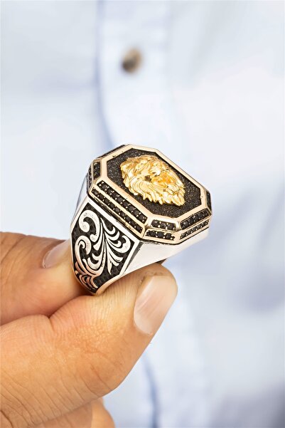 Silverplus Aslan Figürlü Siyah Zirkon Taşlı Gümüş Erkek Yüzük