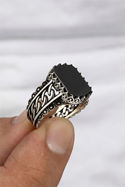 Silverplus Oniks Taşlı Taç Süslemeli Gümüş Serçe Parmak Erkek Yüzük