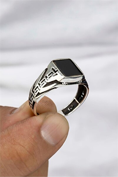 Silverplus Grek Desenli Kare Oniks Taşlı Gümüş Serçe Parmak Erkek Yüzük