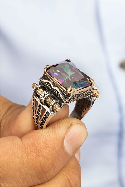 Silverplus Mistik Topaz Taşlı Kafes Desenli Gümüş Erkek Yüzük