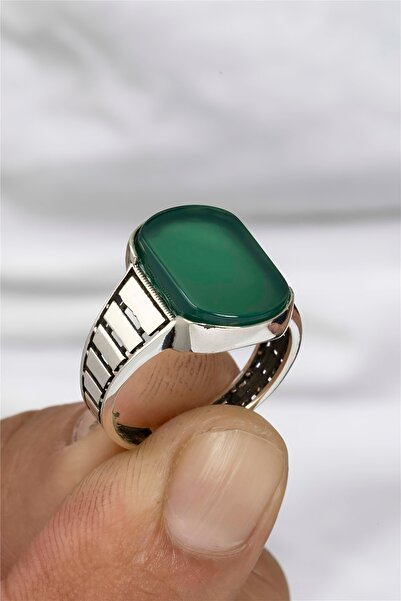 Silverplus Yeşil Akik Taşlı Kordon Motifli Gümüş Serçe Parmak Erkek Yüzük