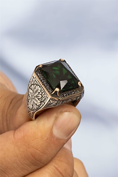 Silverplus Yeşil Zirkon Taşlı Kalem İşlemeli Gümüş Erkek Yüzük