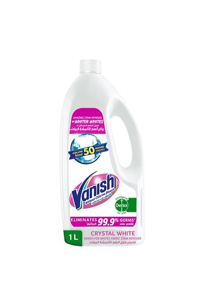 Vanish Fabric Stain Remover Crystal White 1 Litre Tough Stain Removal & Brightening For White Clothes