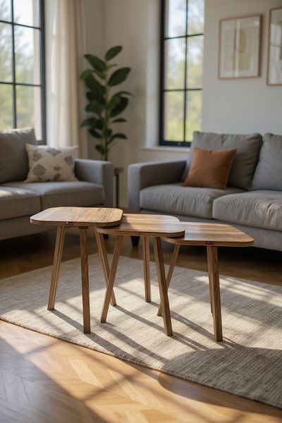 Living Set of 3 Light Brown Square Wooden Tables – Modern Design