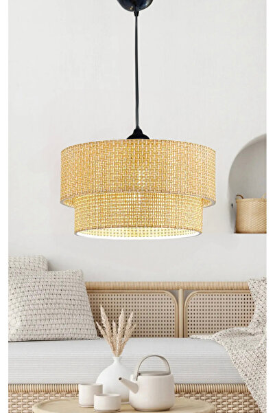 burenze Modern Tasarım Doğal Hazeran Rattan Hasır Çift Katlı Sarkıt Avize