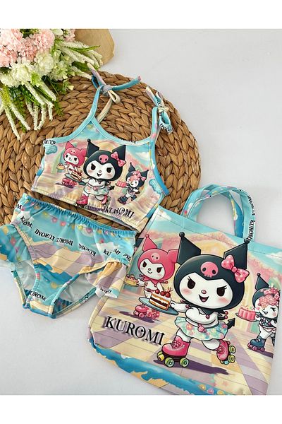 Arya Nisa Kids Girl's Kuromi - Butterfly Printed 3-Piece Bag 1St Quality Diver Fabric Beach Bikini Swimsuit Set