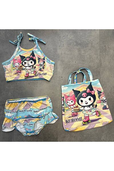 Arya Nisa Kids Girl's Kuromi - Butterfly Printed 3-Piece Bag 1St Quality Diver Fabric Beach Bikini Swimsuit Set