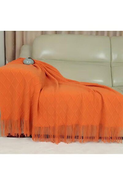 Generic Tassel Soft Blanket Sofa Blanket Warm Cotton Orange 172*127cm