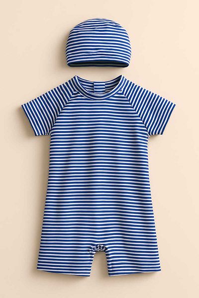 My Kids Wear Boy's Stripe Patterned Zippered Checkered Swimsuit Set 11902