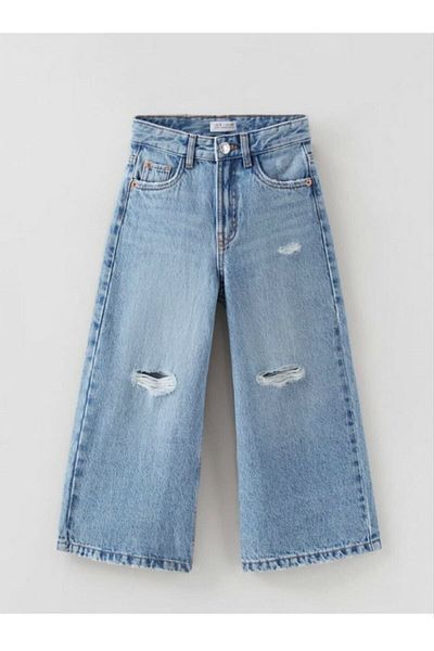 Kids Girl's Ripped Detailed Slim Fit Denim Jeans with Slit at the Leg