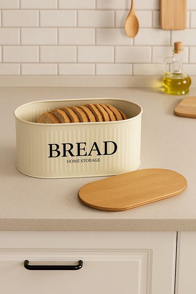 hemlife Metal Bread Bowl with Wooden Lid, Bread Box Cream