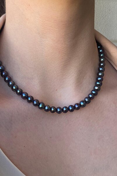 Birinci1926 925 Ayar Gümüş Kadın 6 Mm Siyah Inci Kolye