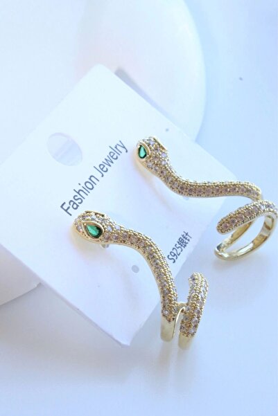 Leo'Stone Zümrüt Zirkon Taşlı Yılan Tasarım Kadın Sallantılı Çelik Küpe