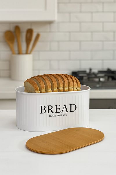 hemlife Metal Bread Bowl with Wooden Lid, Bread Box White