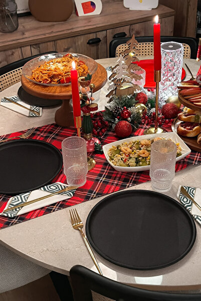 hemlife 30 Cm Black Metal Round Plate Set - 6-Piece American Christmas Serving Plate and Presentation Tray