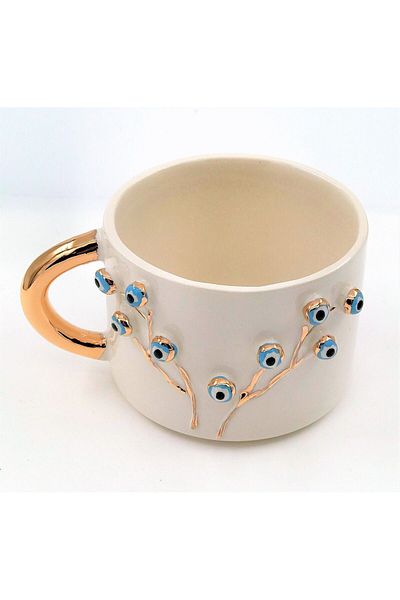 Monako Limited Edition 24 Carat Gold Embroidered, Evil Eye, Life Tree Patterned 100% Handmade, Gift Mug