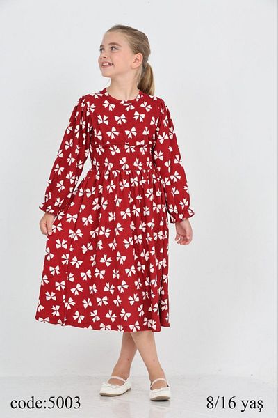 ARBİ kids Girls' Bow Print Long Sleeve Dress Waist Detail