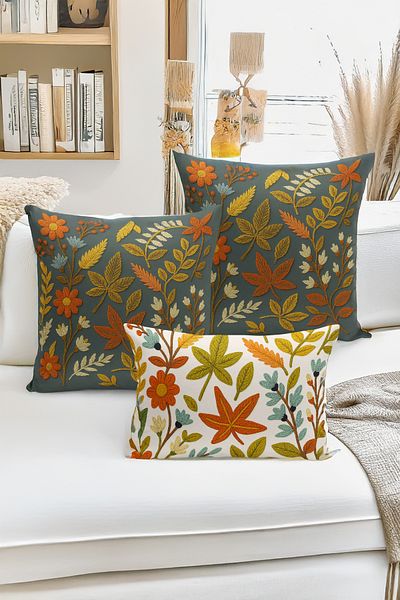 Bertille Home Set de 3 huse de pernă cu imprimare digitală pe două părți (aspect de broderie cu model de puncție)