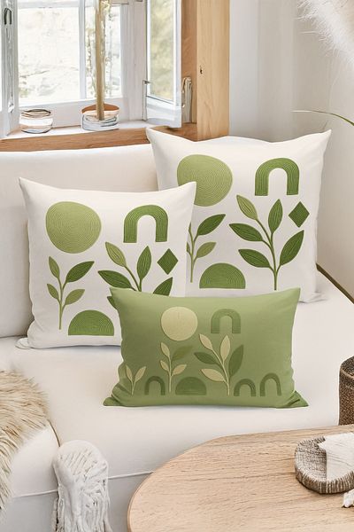 Bertille Home Set de 3 huse de pernă cu imprimare digitală pe două părți (aspect de broderie cu model de puncție)