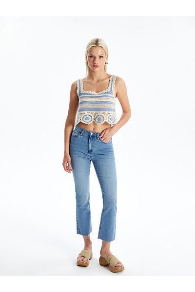 LC Waikiki Crop pentru femei cu guler pătrat albastru ecru